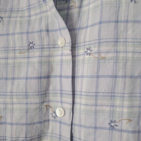 TALBOTS Embroidered Florals Linen Plaid Shirt Button Down Collared Cuffed Sleeve - Picture 4 of 10